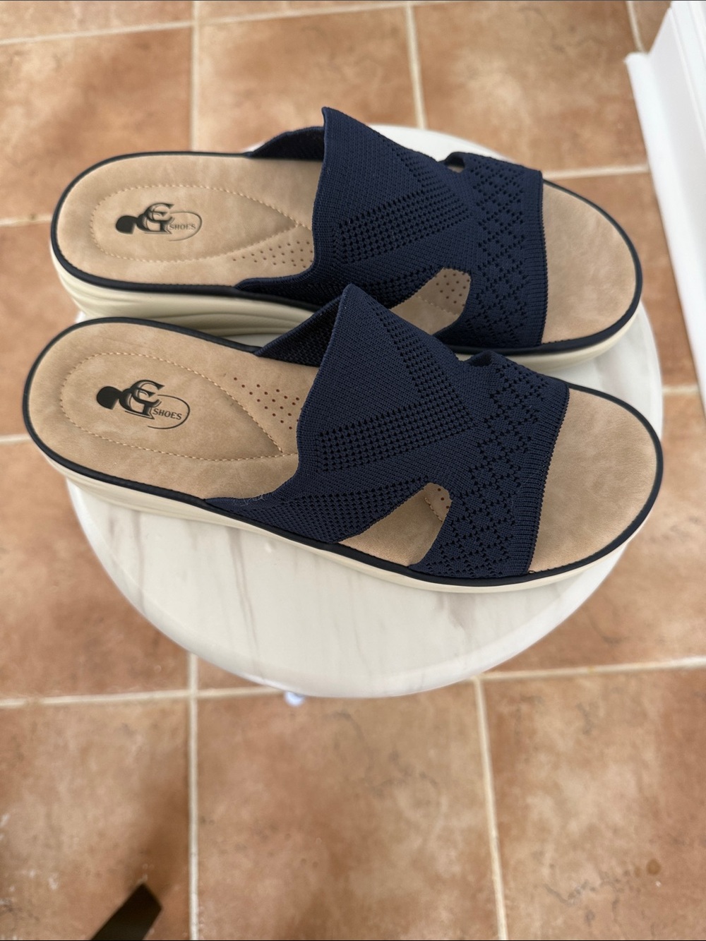 Skechers Navy Knit Slide Sandals with Tan Footbed